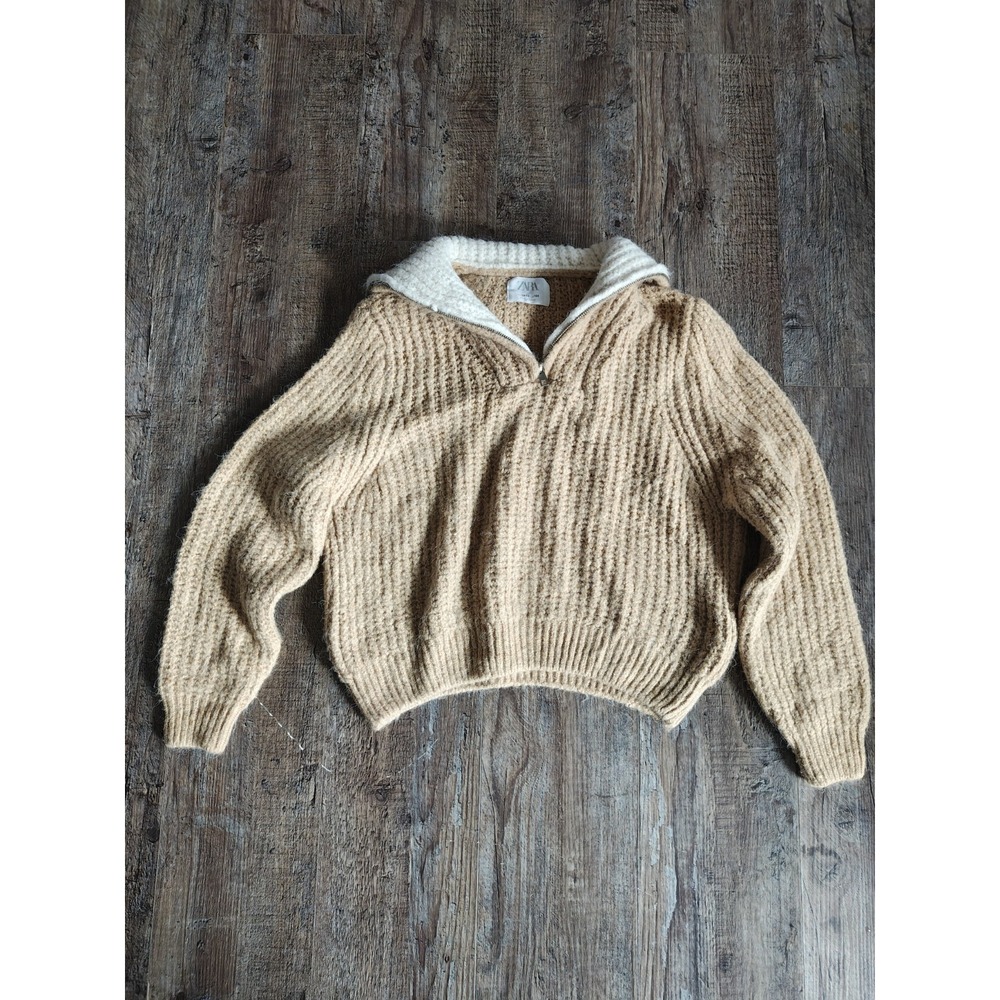 Women's Zara Pullover Beige Quarter Zip Sweater With Collar Soft Cozy Autumn